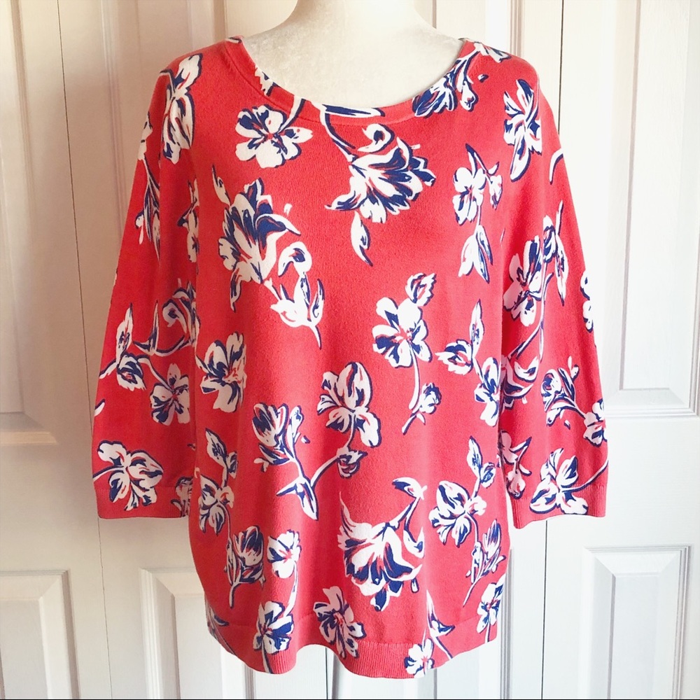 Lands' End Salmon Pink Multi Floral 3/4 Sleeve Scoop Neck Sweater LP